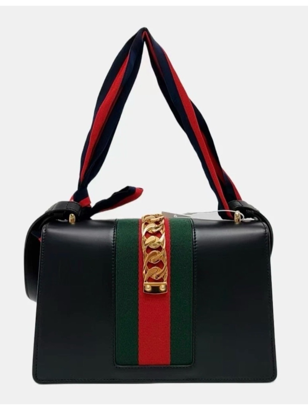 EUC Gucci Black Leather Shoulder Bag with Green Panel & Red-Blue Striped Strap - Picture 2 of 7